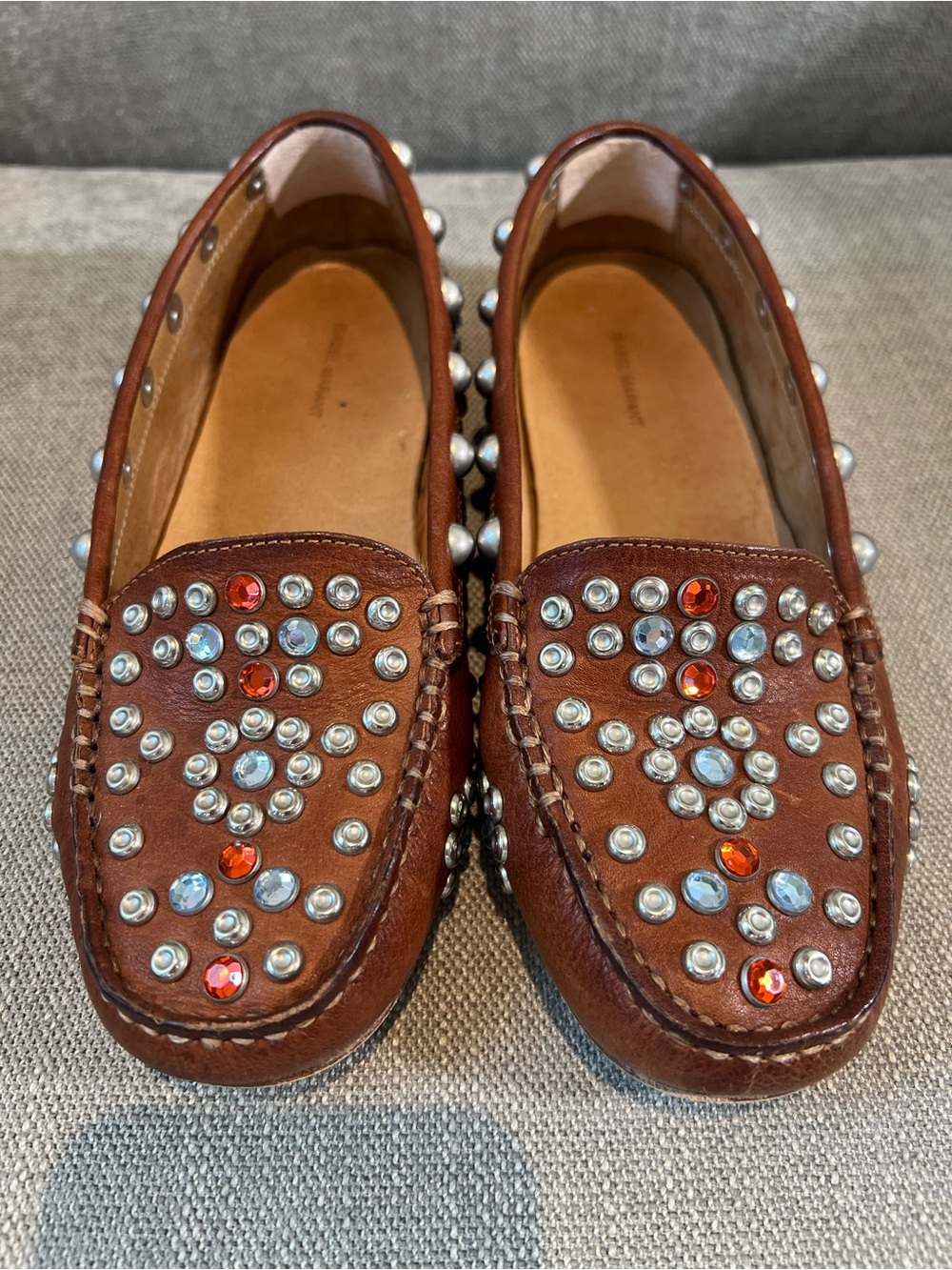 Isabel Marant Brown Studded Leather Loafers with Silver & Red Gems - Picture 1 of 12